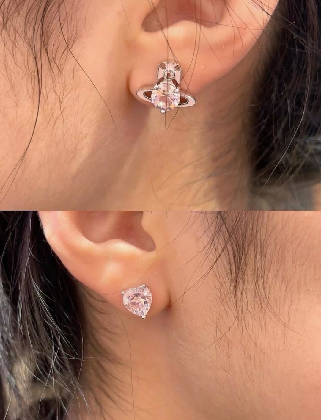 Vivienne Westwood Gold Plated Round and Heart Shaped Stud Earrings with Clear Stones